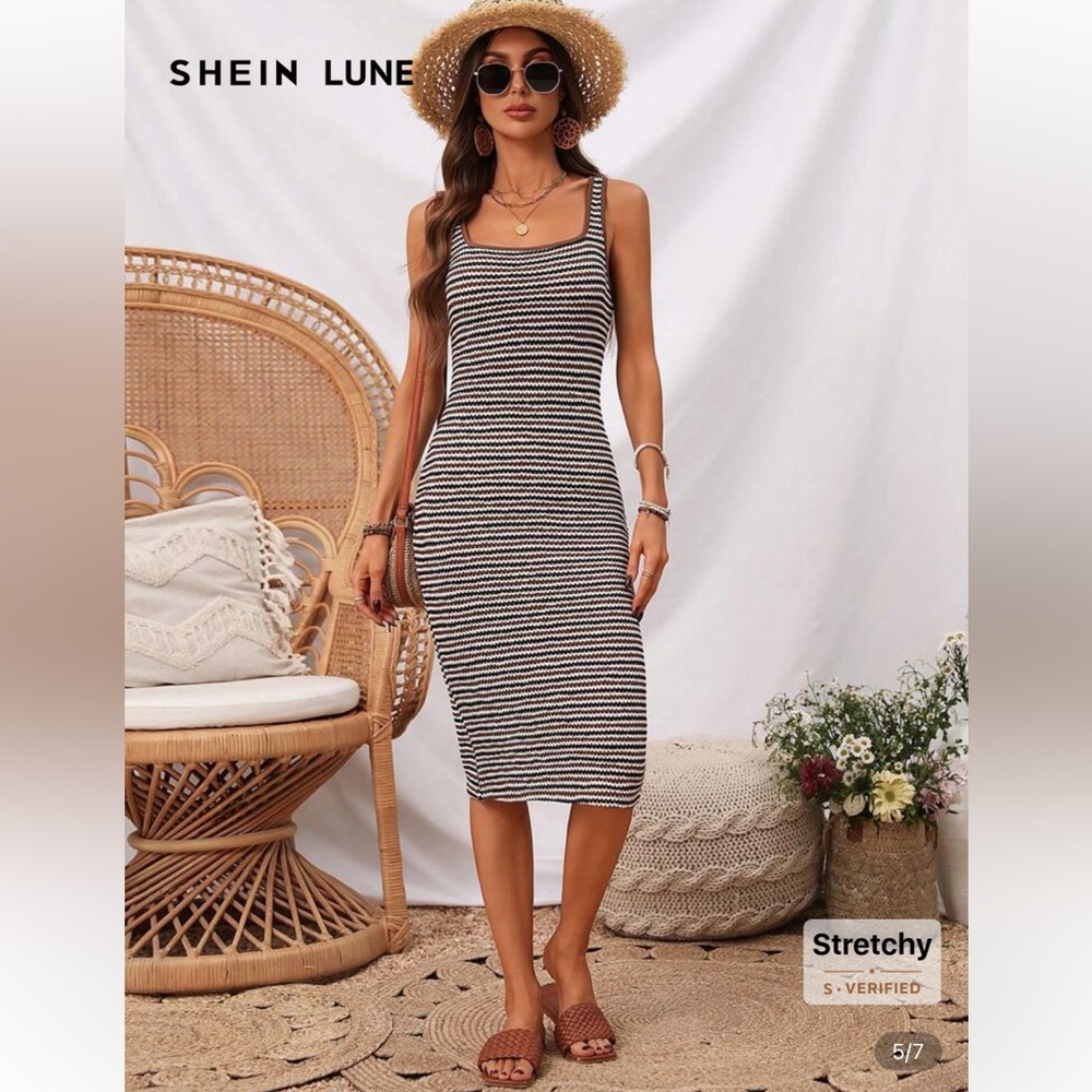 SHEIN Brown and White Sleeveless Midi Dress